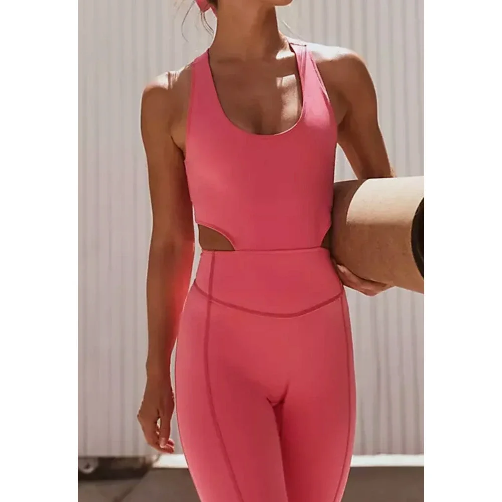NEW FREE PEOPLE FP MOVEMENT PINK BACK IT UP ONE PIECE JUMPSUIT SZ L
